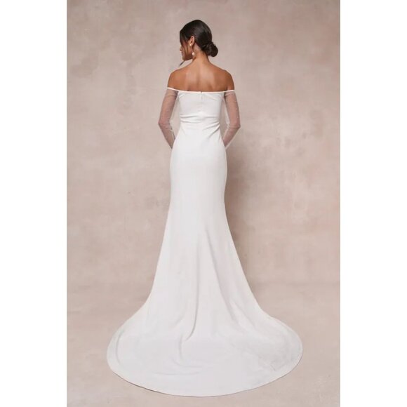 Lulus Eternally Beloved White Mesh Off-the-Shoulder Pearl Maxi Wedding Dress Sz - Picture 2 of 16